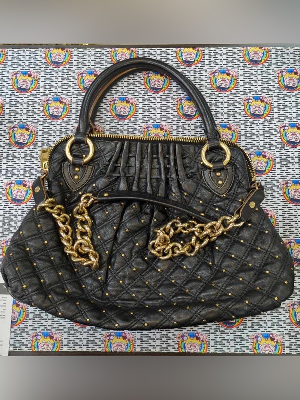 MARC JACOBS Stam Black Quilted Studded Satchel with Gold Chain